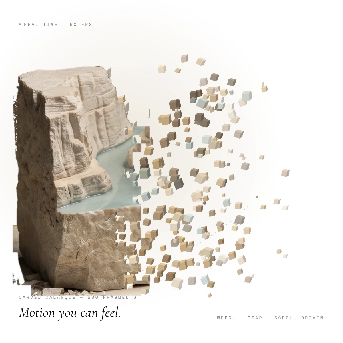 The carved calanque block with half of it bursting into gold-flecked voxel fragments