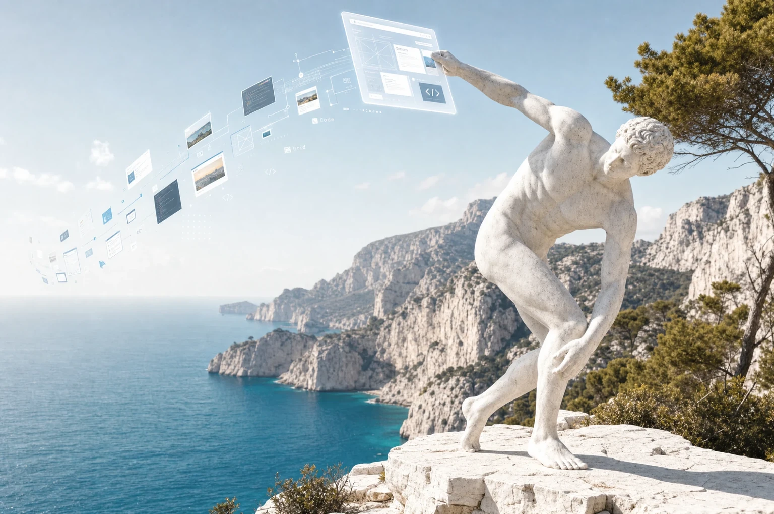 A marble discus thrower on a calanque clifftop launching a long arc of application screens over the sea