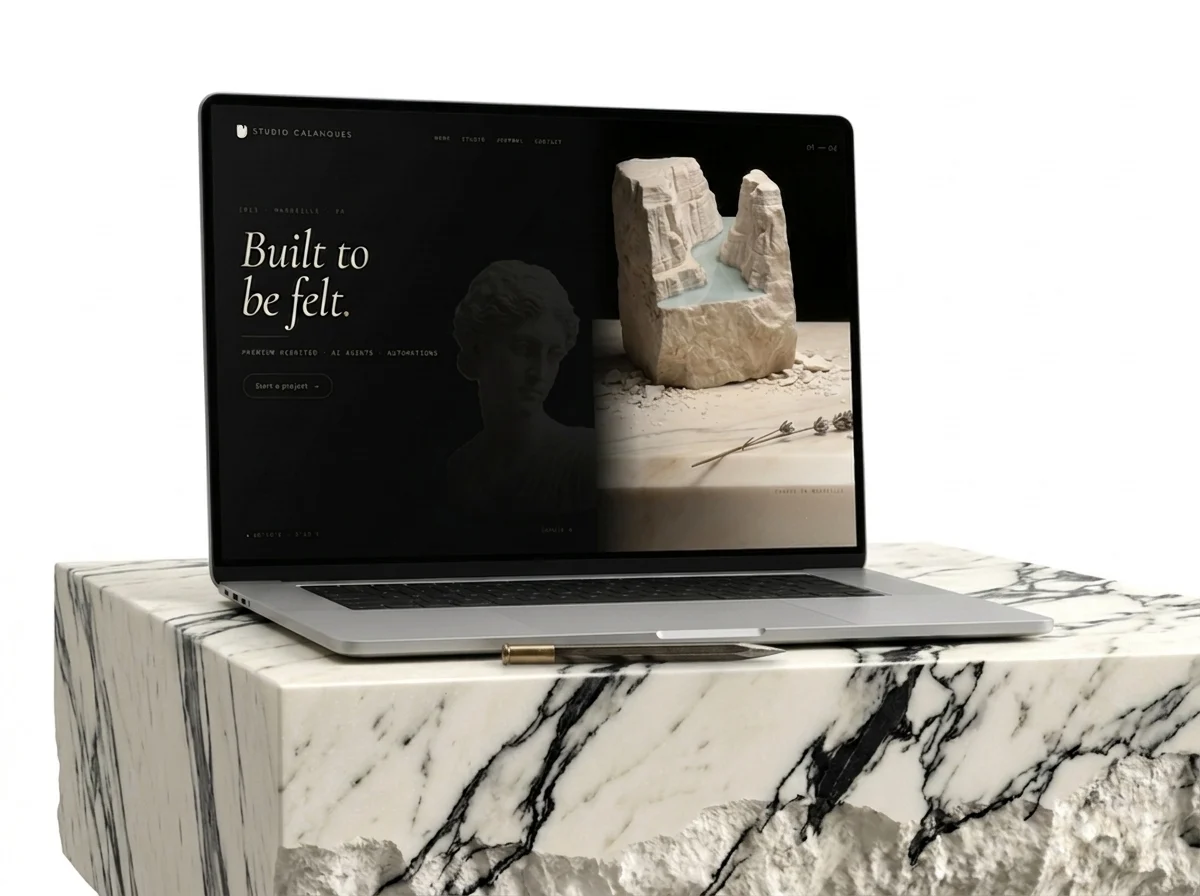 A Studio Calanque website open on a laptop set on a block of white marble, a stone-carving chisel resting beside it