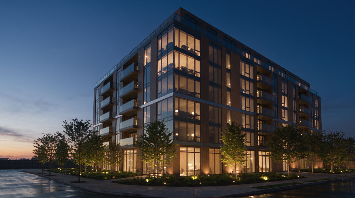 Quai Nord Residences — waterfront apartment building at dusk