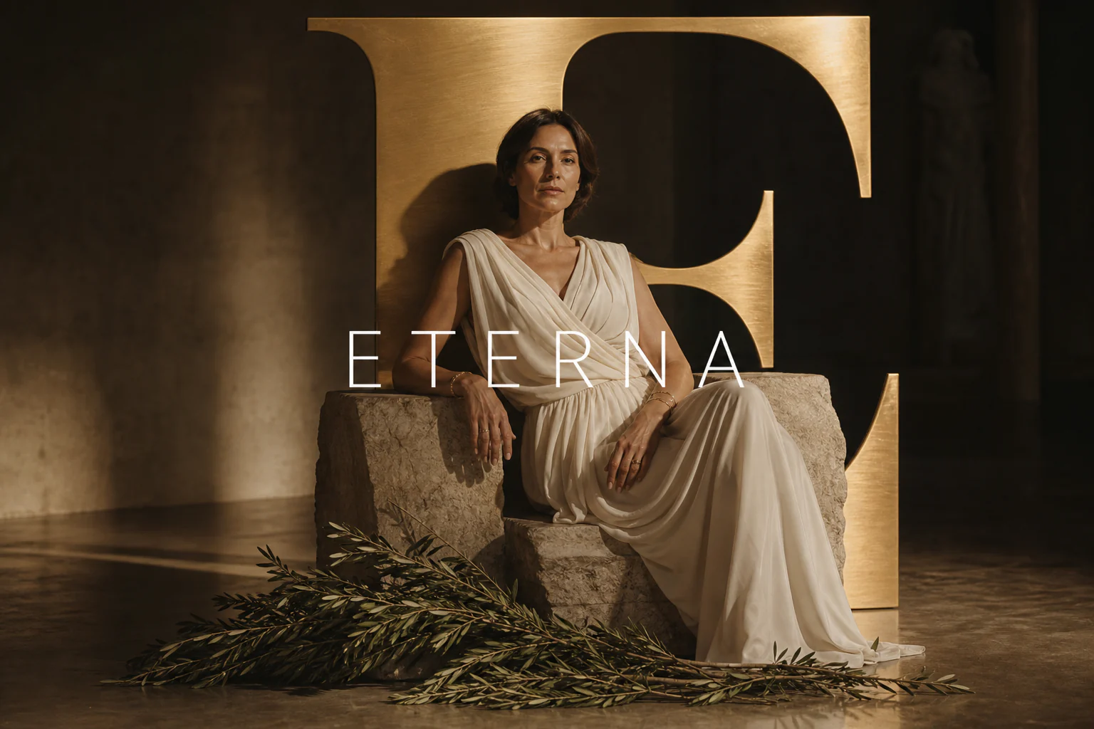 Eterna — campaign portrait against a monumental gilded letter