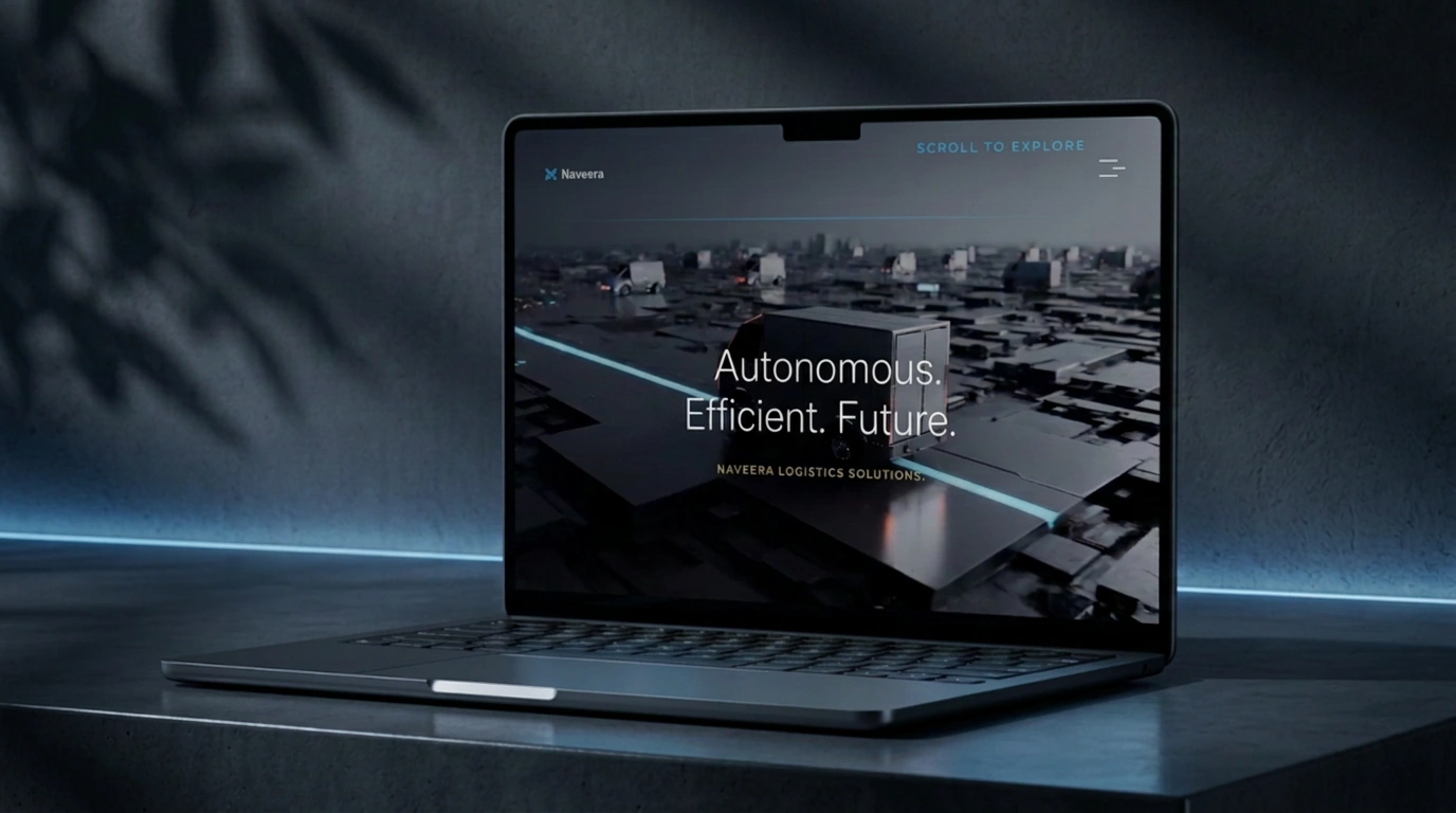 Naveera — autonomous logistics website on a laptop in blue studio light