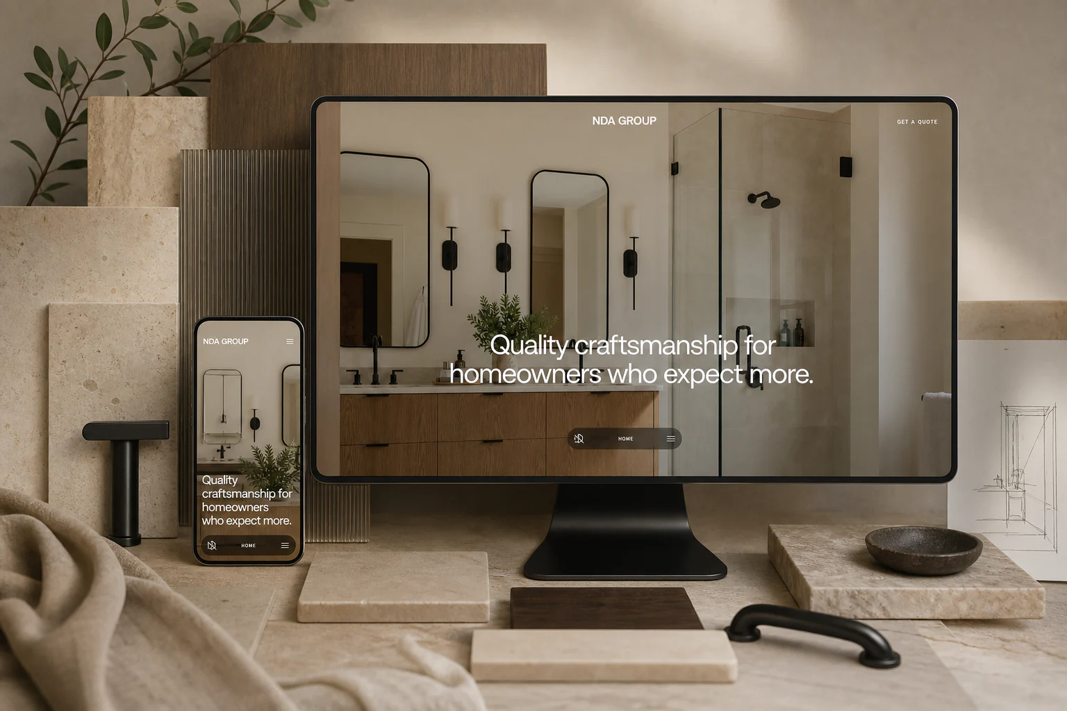 NDA Group — craftsmanship website across desktop and mobile amid stone samples